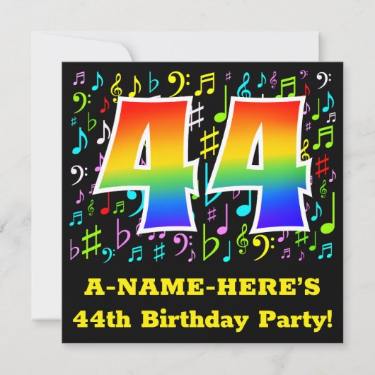 44th Birthday Party:おもしろいミュージックシンボルRainbow 44 招待状 (正面)