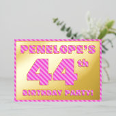 44th Birthday Party — はっきりした、おもしろい、ピンクストライプ色44 箔招待状 (立ち正面)