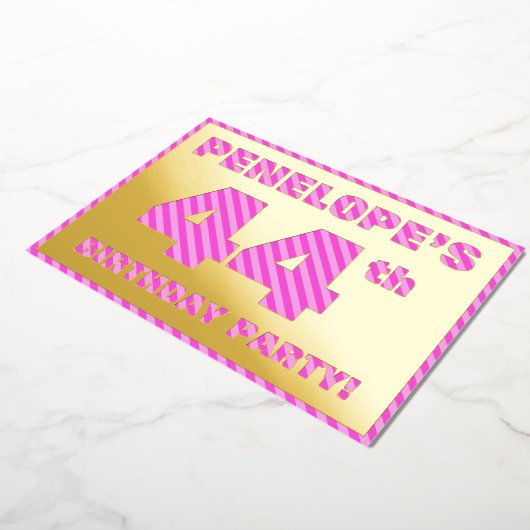 44th Birthday Party — はっきりした、おもしろい、ピンクストライプ色44 箔招待状 (回転した状態)