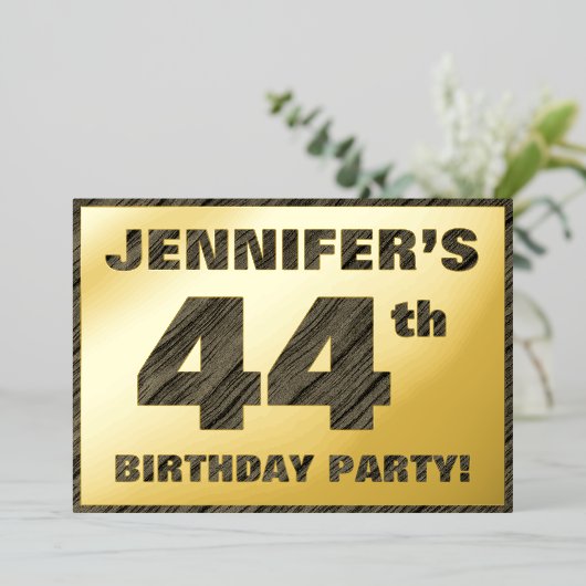 44th Birthday Party — はっきりしたWood Grainフェイク文字 箔招待状 (立ち正面)