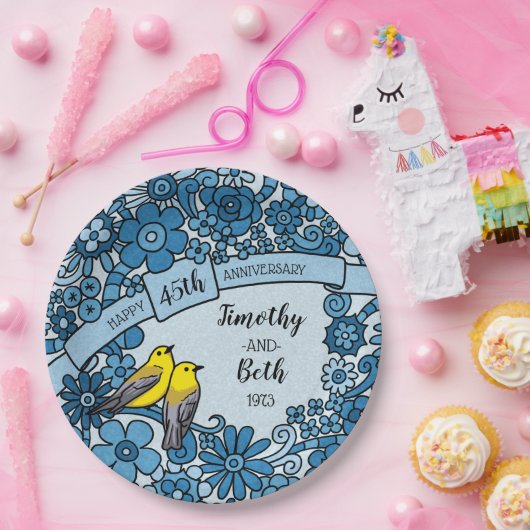 45パーソナライズされた周年記念サファイアフローラバード ペーパープレート (パーティー)