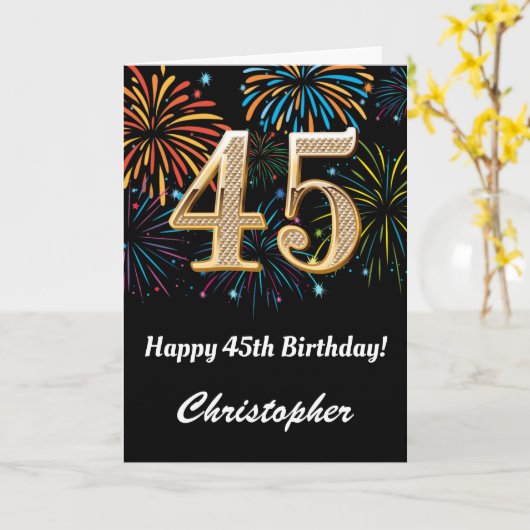 45位の誕生日、虹の花火が黒と金ゴールド カード (黄色い花)