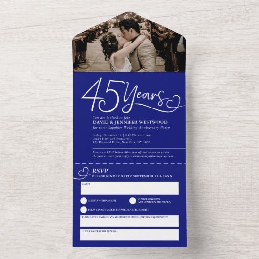 45周年サファイア婚記念日の食事会 RSVP 写真 オールインワン招待状 (内側)