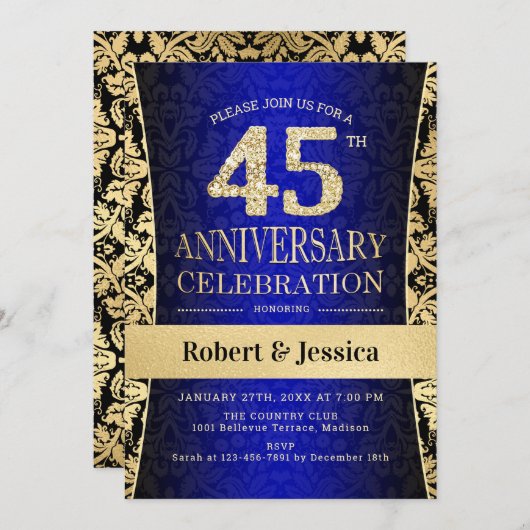 45周年パーティー - ブルー ゴールド 招待状 (正面/裏面)