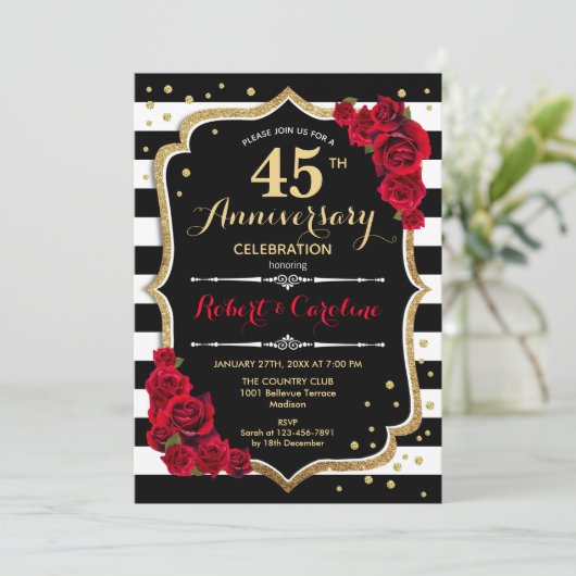 45周年招待状 - 赤 ゴールド ブラック ホワイト 招待状 (スタンド正面)