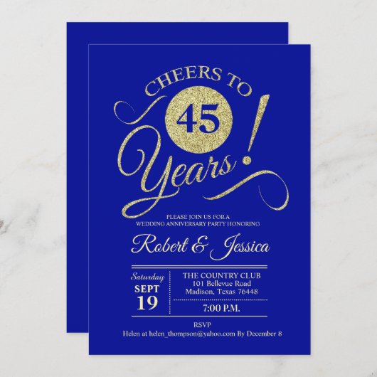 45周年結婚記念日のゴールドブルーサファイア 招待状 (正面/裏面)