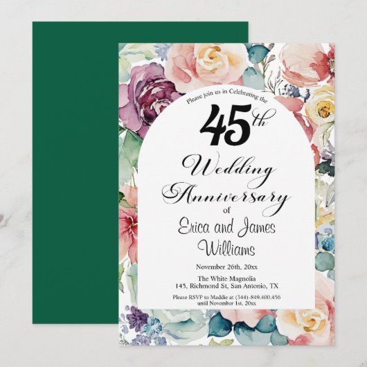 45周年結婚記念日 エレガントなスクリプト フラワー 招待状 (正面/裏面)