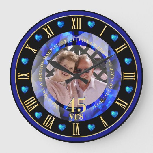 45周年結婚記念日 フォト ギフト サファイア ブルー ラージ壁時計 (正面)