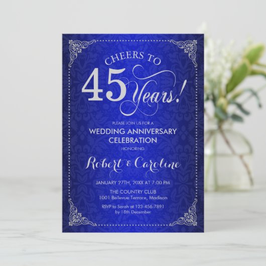 45周年結婚記念日 - ブルー シルバー ダマスク 招待状 (スタンド正面)