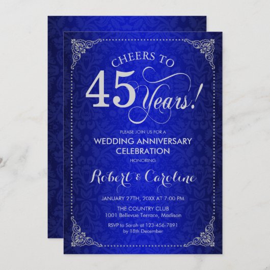 45周年結婚記念日 - ブルー シルバー ダマスク 招待状 (正面/裏面)