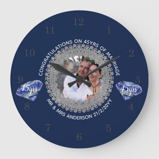 45周年結婚- ADD PHOTO Sapphire Blue ラージ壁時計 (正面)