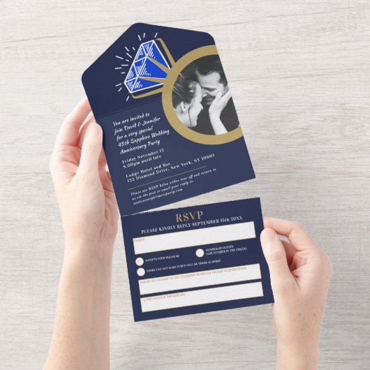 45周年記念のパーティーで、青いサファイアの指輪 オールインワン招待状 (貼ってはがせる)