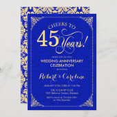 45周年記念結婚サファイアブルー金ゴールドダマスク 招待状 (正面/裏面)