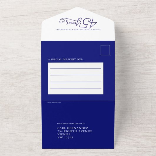 45周年記念結婚夕食青RSVP写真 オールインワン招待状 (外側)