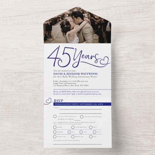 45周年記念結婚夕食青RSVP写真 オールインワン招待状 (内側)