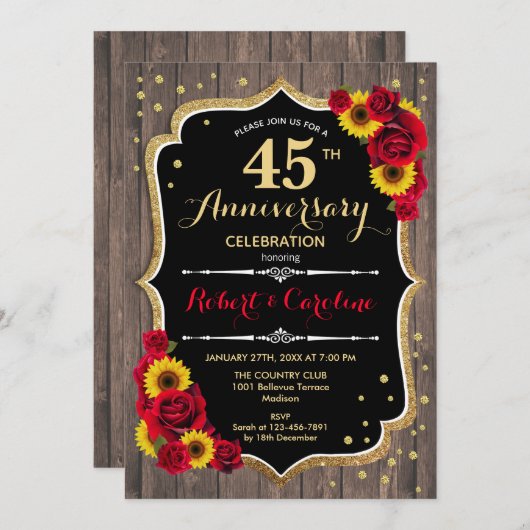 45周年記念 - ひまわり ラスティック ウッド 招待状 (正面/裏面)