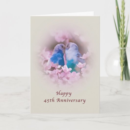 45周年記念、愛に満ちたインコ、ピンクの花 カード (正面)