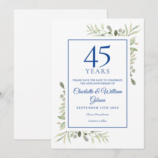 45周年・65周年記念の結婚記念日 Save the Date グリーン 招待状 (正面/裏面)