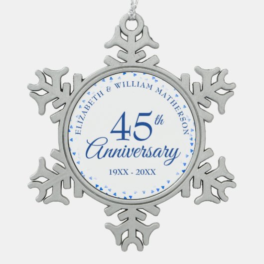45周年・65周年 結婚記念日のハートの紙吹雪 スノーフレークピューターオーナメント (正面)