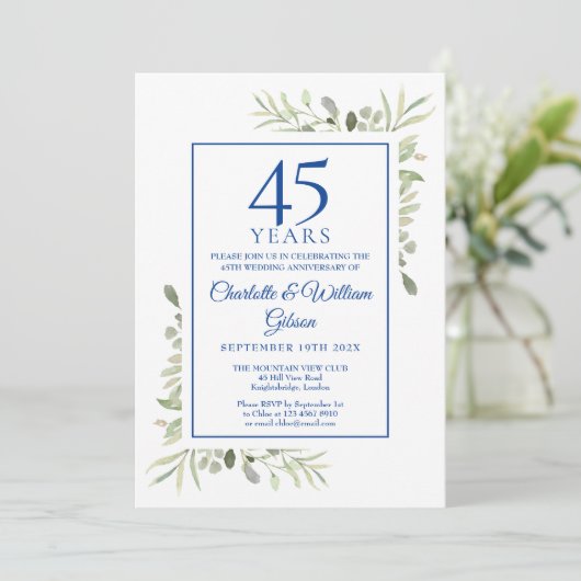 45周年 65周年 結婚記念日の水彩グリーンデザイン 招待状 (スタンド正面)