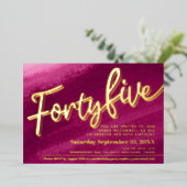 45日45誕生日赤ピンクの金ゴールド写真 箔招待状 (立ち正面)