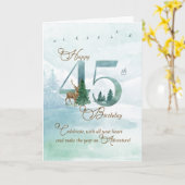 45歳の誕生日おめでとう エバーグリーンパインと鹿の自然 カード (黄色い花)