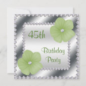 45歳の誕生日お祝いグリーン+フラワー+ダイヤモンド 招待状 (正面)