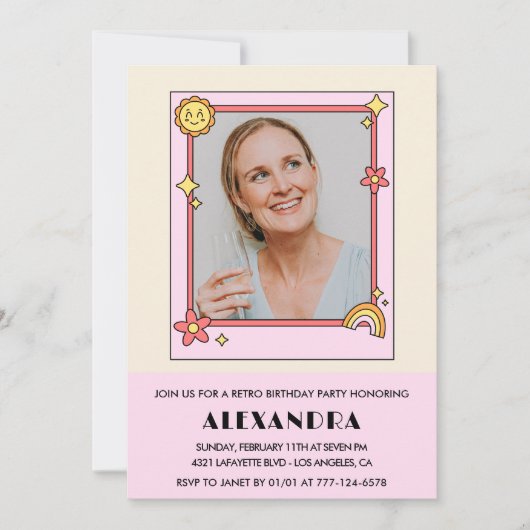 45歳の誕生日の招待レトロGroovyピンクの花 招待状 (正面)
