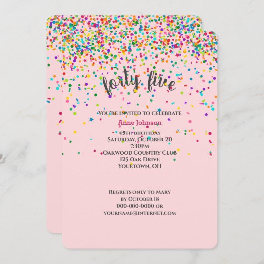 45歳の誕生日パーティーのコンフェッティ招待状 招待状 (正面/裏面)