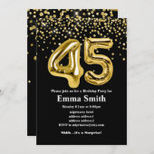 45歳の誕生日パーティー用のグリッターゴールド風船 招待状 (正面/裏面)