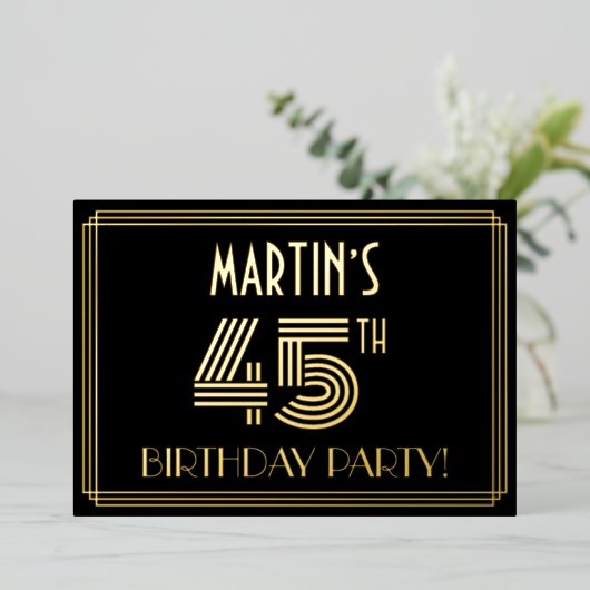 45歳の誕生日パーティー - アールデコ調「45」+名前 箔招待状 (立ち正面)