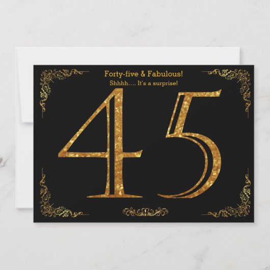 45歳の誕生日パーティー、ギャツビー風、黒金グリッター 招待状 (正面)