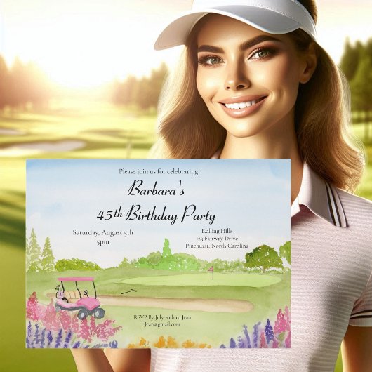 45歳の誕生日パーティー ピンクのゴルフカート ゴルフコース 招待状