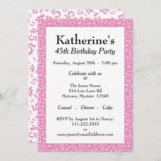 45歳の誕生日パーティー、ピンク/白の数字のパターン 招待状 (正面/裏面)