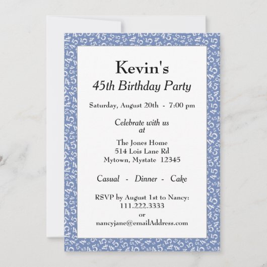 45歳の誕生日パーティー、青い白い数字のパターン 招待状 (正面)