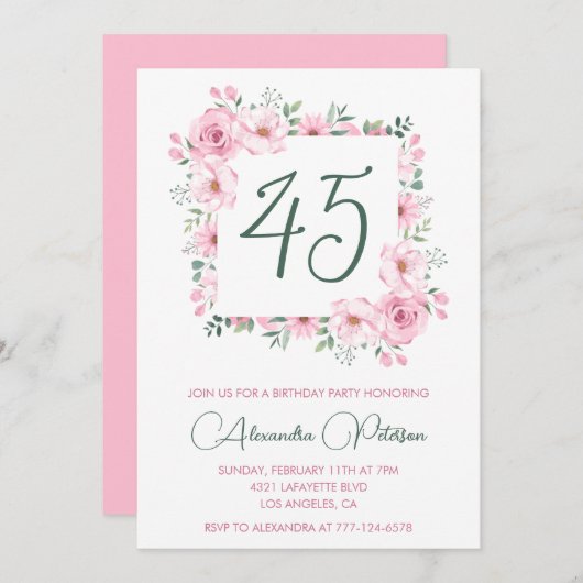 45歳の誕生日招待状フローラエレガントピンク 招待状 (正面/裏面)