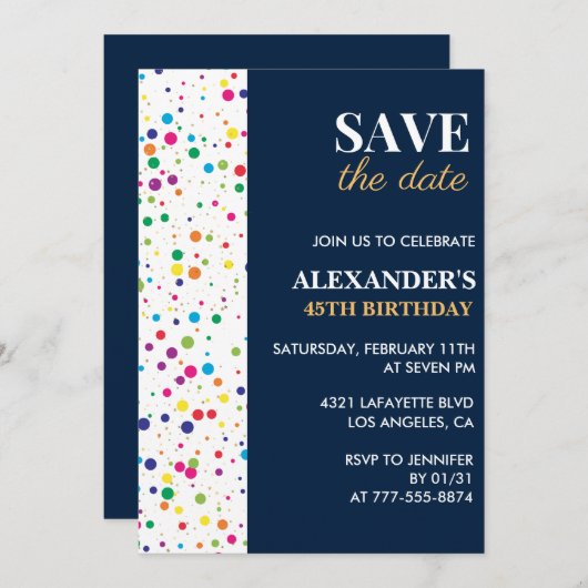 45歳の誕生日招待状日付紙吹雪を保存 招待状 (正面/裏面)