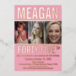 45歳の誕生日3枚ソフトピンクとバラ金ゴールド 箔招待状