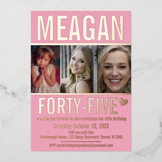 45歳の誕生日3枚ソフトピンクとバラ金ゴールド 箔招待状 (正面)