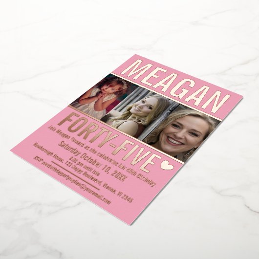 45歳の誕生日3枚ソフトピンクとバラ金ゴールド 箔招待状 (回転した状態)