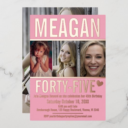 45歳の誕生日3枚ソフトピンクとバラ金ゴールド 箔招待状 (正面/裏面)