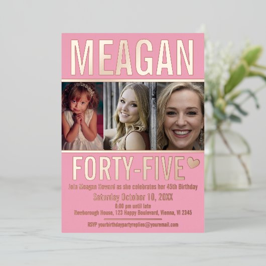 45歳の誕生日3枚ソフトピンクとバラ金ゴールド 箔招待状 (立ち正面)