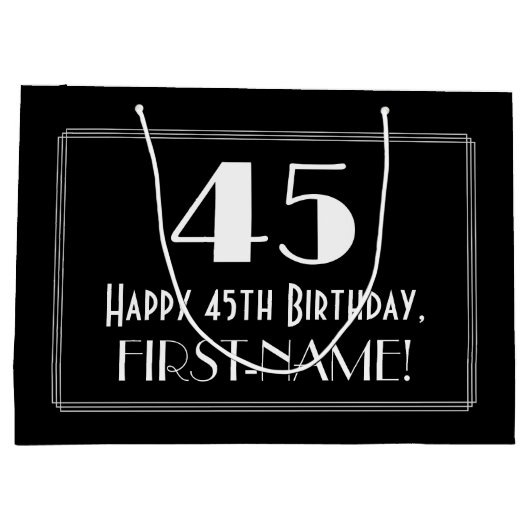 45歳の誕生日:アートデコスタイルの「45」、名前 ラージペーパーバッグ (裏面)