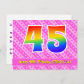 45歳の誕生日：ピンクのストライプとハート、レインボー45 ポストカード (正面/裏面)