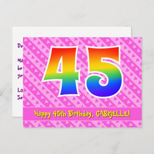 45歳の誕生日：ピンクのストライプとハート、レインボー45 ポストカード (正面/裏面)