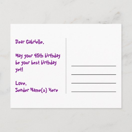 45歳の誕生日:ピンクのストライプとハート、レインボー45 ポストカード (裏面)