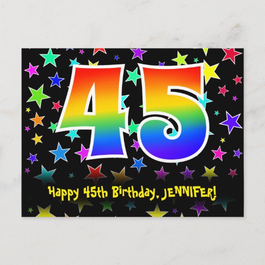 45歳の誕生日:楽しいスターパターン、レインボー45、名前 ポストカード (正面)