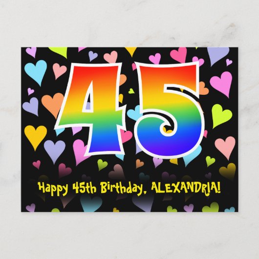 45歳の誕生日：楽しいハート柄、虹色45 ポストカード (正面)