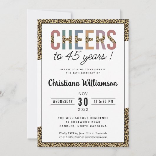 45歳モダン誕生日パーティーヒョウ印刷エレガント 招待状 (正面)