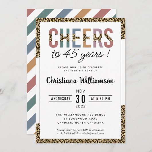 45歳モダン誕生日パーティーヒョウ印刷エレガント 招待状 (正面/裏面)
